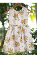 White And Yellow Printed Cotton Kids Dress (KR1207)